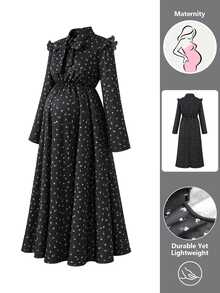 SHEIN Autumn New Elegant Maternity Printed Dress, Long Sleeve, Ruffle Collar, Waist-Cinching, Suitable For Daily Wear, Shopping, Commuting, Versatile - Black - View 2