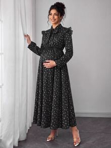 SHEIN Autumn New Elegant Maternity Printed Dress, Long Sleeve, Ruffle Collar, Waist-Cinching, Suitable For Daily Wear, Shopping, Commuting, Versatile - Black - View 12