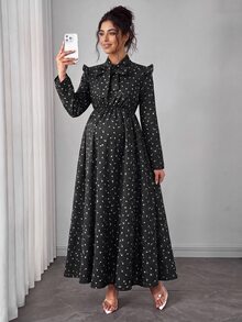 SHEIN Autumn New Elegant Maternity Printed Dress, Long Sleeve, Ruffle Collar, Waist-Cinching, Suitable For Daily Wear, Shopping, Commuting, Versatile - Black - View 5