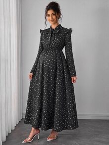 SHEIN Autumn New Elegant Maternity Printed Dress, Long Sleeve, Ruffle Collar, Waist-Cinching, Suitable For Daily Wear, Shopping, Commuting, Versatile - Black - View 6