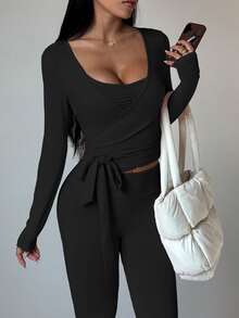 Sovereign Charm 3pcs Women Sports Suit Set,Long Sleeve T-Shirt With Drawstring,Ruched Camisole High Waist Flared Pants,Black Autumn Athleisure Gym Running Yoga Wear - Black - View 7
