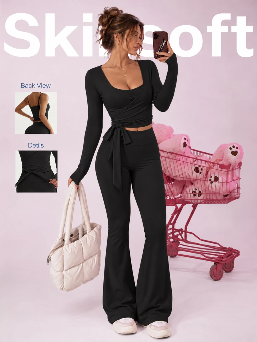 Sovereign Charm 3pcs Women Sports Suit Set,Long Sleeve T-Shirt With Drawstring,Ruched Camisole High Waist Flared Pants,Black Autumn Athleisure Gym Running Yoga Wear