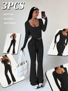 Sovereign Charm 3pcs Women Sports Suit Set,Long Sleeve T-Shirt With Drawstring,Ruched Camisole High Waist Flared Pants,Black Autumn Athleisure Gym Running Yoga Wear - Black - View 4