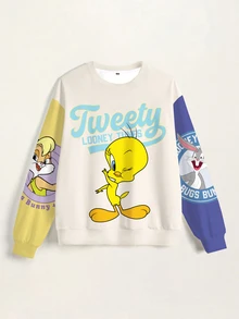 LOONEY TUNES X SHEIN Women's Letter Cartoon Print Casual Everyday Long Sleeve Sweatshirt - White - View 6