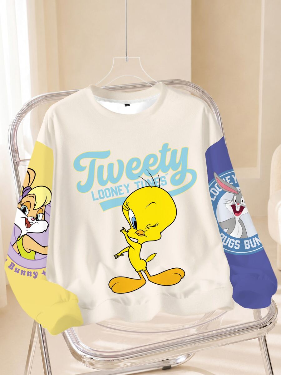 LOONEY TUNES X SHEIN Women's Letter Cartoon Print Casual Everyday Long Sleeve Sweatshirt - White - View 1
