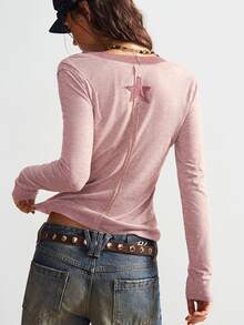 Bohemela Casual Solid Color V-Neck Long Sleeve Fitted Women T-Shirt - Pink - View 8