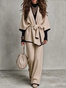 SHEIN طقم نسائي أنيق من قطعتين من الكارديجان المحبوك بأكمام خفاشية مزخرفة والبنطال المحبوك - كاكي - مشاهدة 2