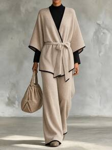 SHEIN طقم نسائي أنيق من قطعتين من الكارديجان المحبوك بأكمام خفاشية مزخرفة والبنطال المحبوك - كاكي - مشاهدة 7
