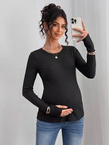 SHEIN Black Long Sleeve Maternity Sports Top With Hollow Back Design, Criss-Cross Hem And Slim Fit, Combining Fashion And Functionality - Black - View 1