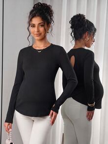 SHEIN Black Long Sleeve Maternity Sports Top With Hollow Back Design, Criss-Cross Hem And Slim Fit, Combining Fashion And Functionality - Black - View 2
