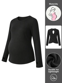 SHEIN Black Long Sleeve Maternity Sports Top With Hollow Back Design, Criss-Cross Hem And Slim Fit, Combining Fashion And Functionality - Black - View 5