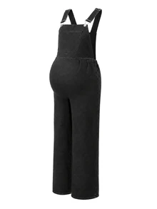 Momance Maternity Solid Color Casual Loose Denim Overalls - Black - View 8