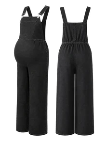 Momance Maternity Solid Color Casual Loose Denim Overalls - Black - View 7