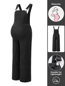 Momance Maternity Solid Color Casual Loose Denim Overalls - Black - View 5