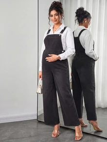 Momance Maternity Solid Color Casual Loose Denim Overalls - Black - View 2
