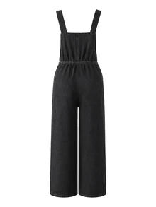 Momance Maternity Solid Color Casual Loose Denim Overalls - Black - View 6