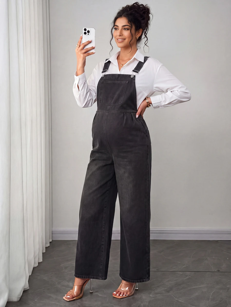 Momance Maternity Solid Color Casual Loose Denim Overalls - Black - View 1