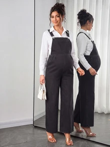 Momance Maternity Solid Color Casual Loose Denim Overalls - Black - View 1