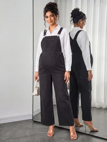 Momance Maternity Solid Color Casual Loose Denim Overalls - Black - View 4