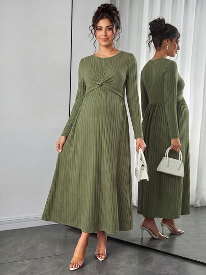 Momance Maternity Long Sleeve Round Neck Front Knot Nursing Casual Comfortable A-Line Military Green Ribbed Knit Dress