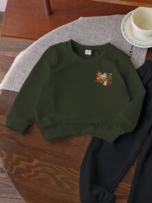 軍綠色圓領運動衫，適合小男孩，印有零食圖案，休閒百搭可愛，適合日常上學穿著，S號 - 墨綠色 - 查看 6