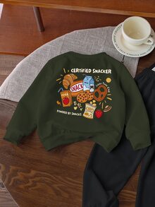 軍綠色圓領運動衫，適合小男孩，印有零食圖案，休閒百搭可愛，適合日常上學穿著，S號 - 墨綠色 - 查看 8