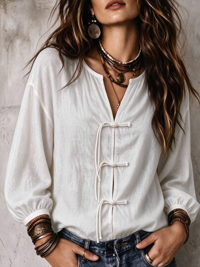 SHEIN Women's Solid-Color Drop-Shoulder Long-Sleeve Button-Down Qipao Shirt, White Fall Top, Fall/Winter Outfits, Casual Top, Holiday Outfits Social Outfits