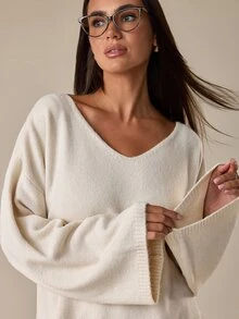 SHEIN طقم نسائي من قطعتين كنزة صوفية فضفاضة مريحة وكاجوال مع بنطال صوف واسع الساق باللون البيج - بيج - مشاهدة 5