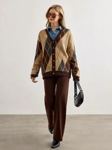 SHEIN Women's Soft Touch Rib Knit Button Front Cardigan And Wide Leg Drawstring Pant Lounge Set - Brown - View 8