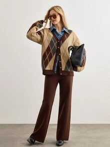 SHEIN Women's Soft Touch Rib Knit Button Front Cardigan And Wide Leg Drawstring Pant Lounge Set - Brown - View 3