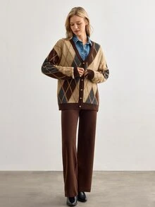 SHEIN Women's Soft Touch Rib Knit Button Front Cardigan And Wide Leg Drawstring Pant Lounge Set - Brown - View 7