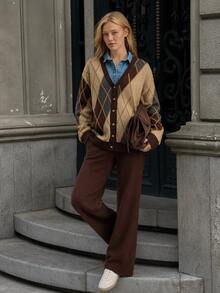 SHEIN Women's Soft Touch Rib Knit Button Front Cardigan And Wide Leg Drawstring Pant Lounge Set - Brown - View 12