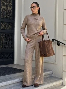 Cloudara Women Boat Neck Chinese Button Color Long Sleeve Casual Style Sweater And Sweater Pant 2pcs Set - Brown - View 4