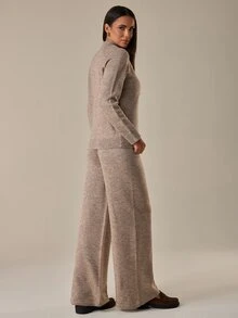 Cloudara Women Boat Neck Chinese Button Color Long Sleeve Casual Style Sweater And Sweater Pant 2pcs Set - Brown - View 5