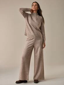 Cloudara Women Boat Neck Chinese Button Color Long Sleeve Casual Style Sweater And Sweater Pant 2pcs Set - Brown - View 6