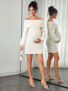 Momance Maternity Fashion Elegant Solid Color Long Sleeve Sweater Dress - White - View 1