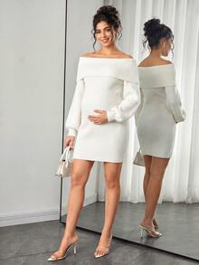 Momance Maternity Fashion Elegant Solid Color Long Sleeve Sweater Dress - White - View 3