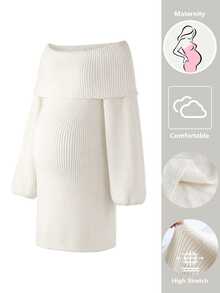 Momance Maternity Fashion Elegant Solid Color Long Sleeve Sweater Dress - White - View 5