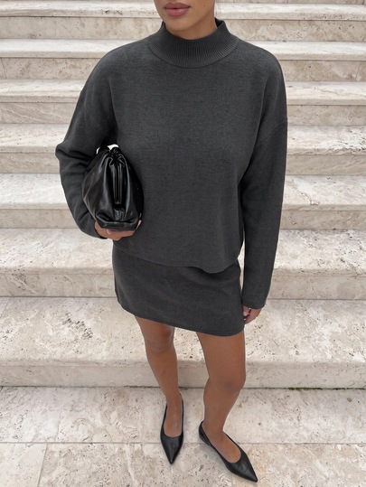 SHEIN Women's Quiet Luxury Soft Touch Fine Knit Oversized Turtleneck Sweater And Slim Fit Midi Skirt Match