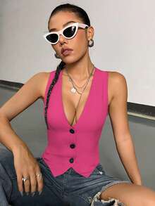 StreetHx Button Front Vest Blazer For Summer - Hot Pink - View 5
