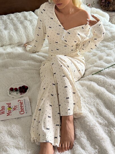 CottageSlumber Apricot Knitted Fabric Women's Long Sleeve V Neck Graphic Casual Young Pajama Pant Set With Button Front Detail
