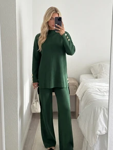 SHEIN Women's Rib Knit Tunic And Wide Leg Pants Two Pieces Set With Side Tie Detail Cozy Style - Green - View 1