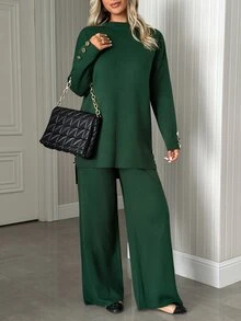 SHEIN Women's Rib Knit Tunic And Wide Leg Pants Two Pieces Set With Side Tie Detail Cozy Style - Green - View 8