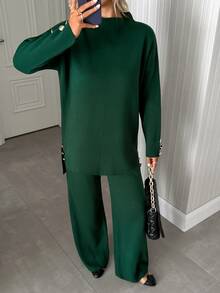 SHEIN Women's Rib Knit Tunic And Wide Leg Pants Two Pieces Set With Side Tie Detail Cozy Style - Green - View 7