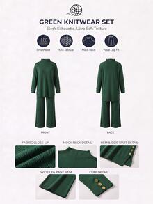SHEIN Women's Rib Knit Tunic And Wide Leg Pants Two Pieces Set With Side Tie Detail Cozy Style - Green - View 3