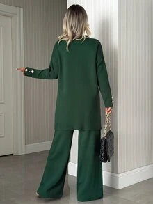 SHEIN Women's Rib Knit Tunic And Wide Leg Pants Two Pieces Set With Side Tie Detail Cozy Style - Green - View 2