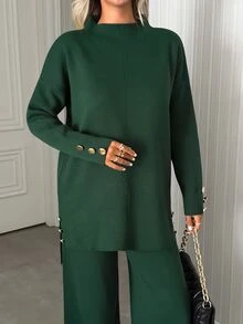 SHEIN Women's Rib Knit Tunic And Wide Leg Pants Two Pieces Set With Side Tie Detail Cozy Style - Green - View 5