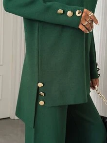 SHEIN Women's Rib Knit Tunic And Wide Leg Pants Two Pieces Set With Side Tie Detail Cozy Style - Green - View 6