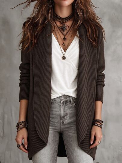 SHEIN Women's All-Match Minimalist Casual Boho Elegant Fashion Lapel Dark Brown Versatile Commute Knit Cardigan Thanksgiving Everyday Travel Autumn