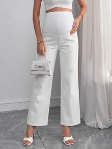 SHEIN Celana Jeans Kasual Serbaguna Model Lurus dengan Pinggang yang Dapat Diatur untuk Wanita Hamil - Putih - View 1